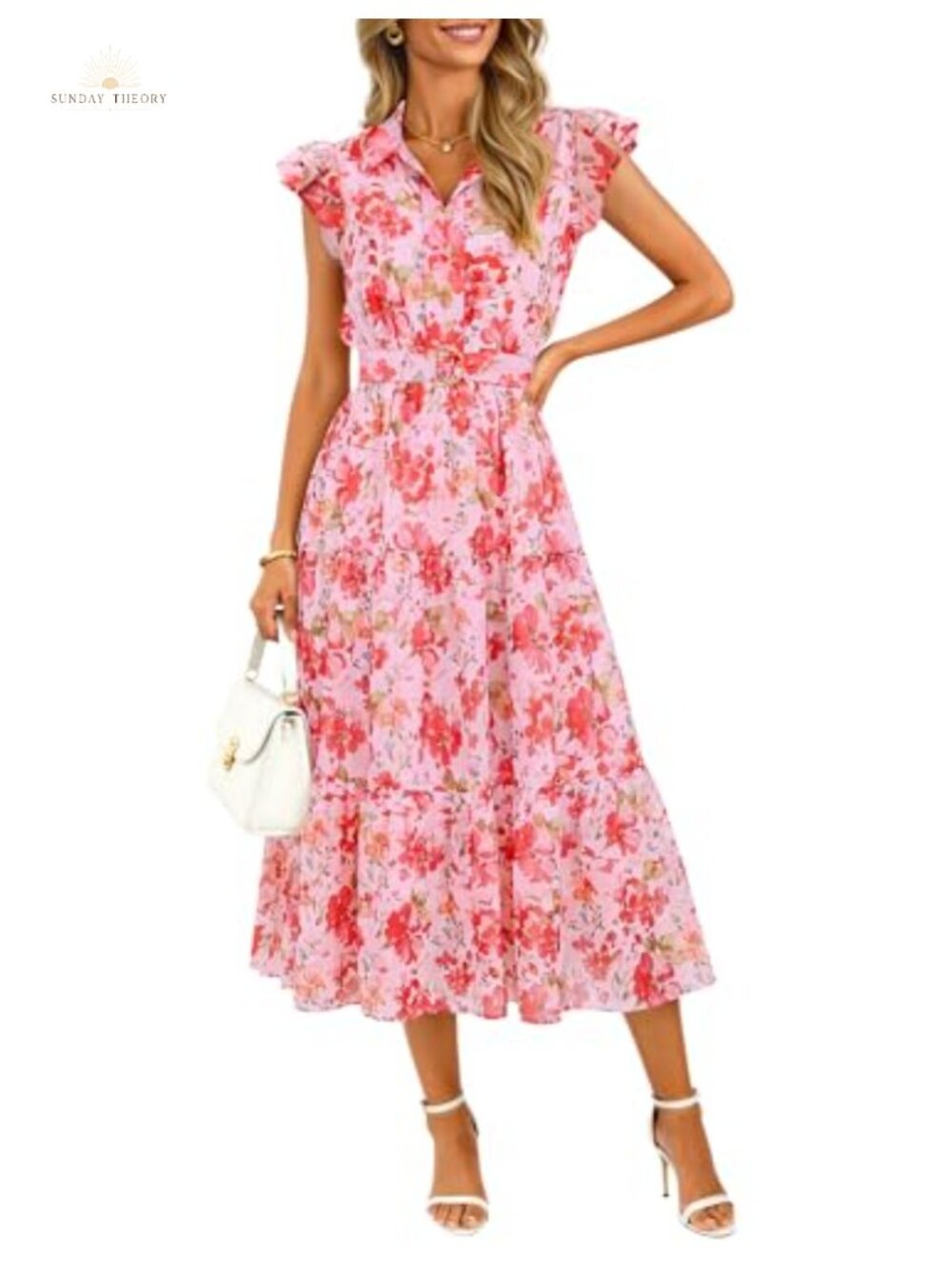Womens Summer Floral Midi Dress Front Button V-Neck Ruffled Short Sleeve A-Line